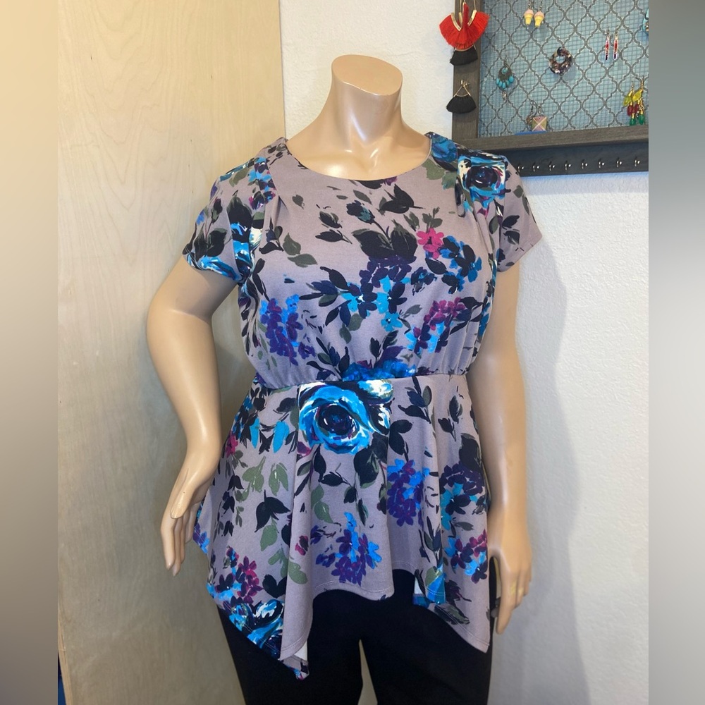 Floral Peplum Top with Blue Accents